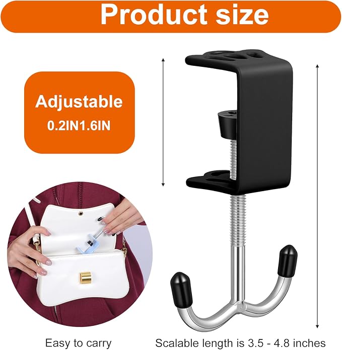 4 Pack Adjustable Purse Hooks for Table & Desk, Double-Hook Heavy-Duty Backpack Hanger 100lb Capacity High-Strength Holder Space-Saving Desk Organizer for Handbag Headphone Umbrellas(Black)
