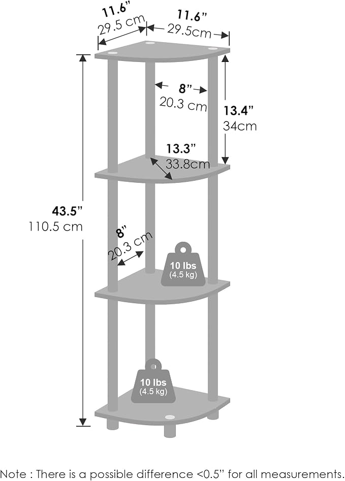 Furinno Turn-N-Tube Corner Shelf, 4-Tier Corner Bookshelf, Display Storage Shelves with Open Shelves, for Organization and Storage, Living Room, Home Office, Garage, White