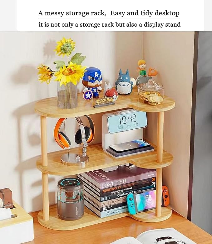 FOTN Vertical Wood Corner Shelf, Simple Desktop Small Bookshelf 3-Tier Clutter and Ornaments Storage Shelf File Organizer Rack Bookcase (Oak, 3-Tier)