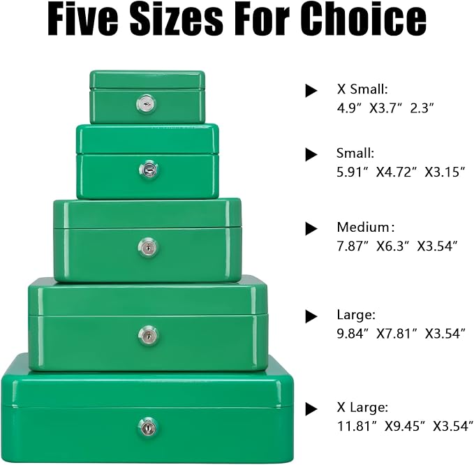 KYODOLED Medium Cash Box with Money Tray,Small Safe Lock Box with Key,Cash Drawer,7.87"x 6.30"x 3.54" Green Medium