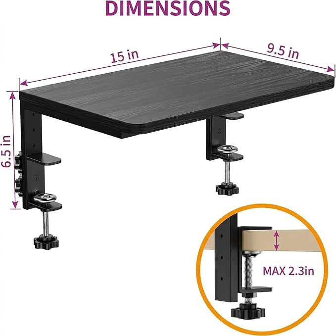 Clamp On Desk Extender, Monitor Riser Shelf, 44 lb Load | Height options, No-drill setup, Heavy duty frame, Office station, Gaming PC area, Home workspace, Storage layer, Black finish