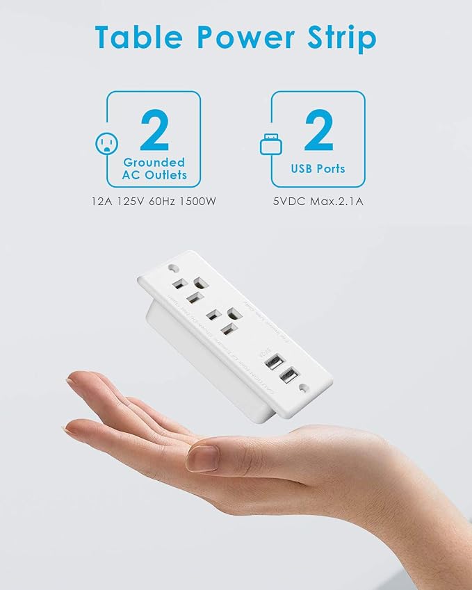 Recessed Power Strip with USB,Flat Plug Ultra Thin Extension Cord,Furniture Desktop Charging Station for Side Table,End Table,Flush-Mount Desk Outlet Power Grommet with 9.85ft Cord(White) (Pack of 4)