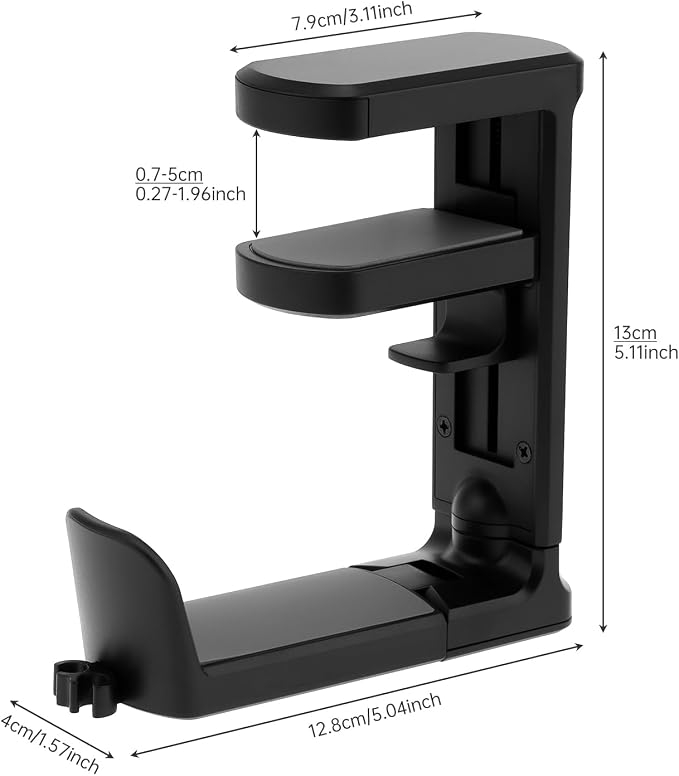 2pcs Under Desk Headphone Hanger Holder Utility Hook 360° Rotating Adjustable Clamp-on Earphone Hook Holder Mount Cable Clip Organizer Fit for PC Gaming Office Headset Hanger Gift (Black)