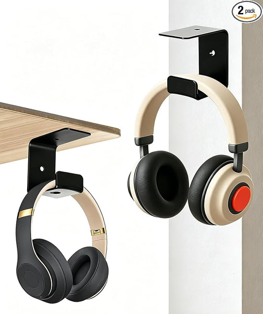 Pair Headphone Stand, Adhesive Headphones Holder with Rubber Pad, Sticky Headset Hook for Desk, Headsets Hanger with Screws Mounted on the Bottom & Edge of the Table for Gaming Desk Accessories