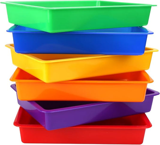 ShineMe Plastic Paper Trays for Classroom, 6 Pack Colorful Classroom Turn in Bins, Thick and Sturdy A4 Letter Size Flat Storage Trays for Classroom Organization and Storage
