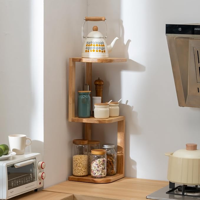 Corner Shelf Stand Desk Organizer,26.8" H Rubberwood Brown Rack for Small Spaces, Bedroom,Home Office,Kitchen,Bathroom (Natural, 3 Tier)