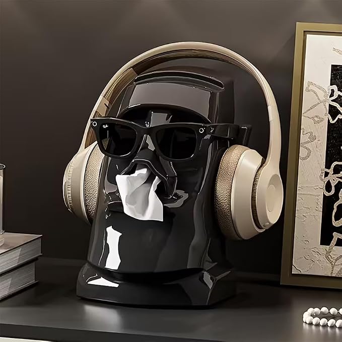 Creative Moai Tissue Box Holder with Headphone Holder, Suitable for Living Room, Bedroom and Other Desktop Storage Boxes, Green,Cream White, Black. (Cream White)