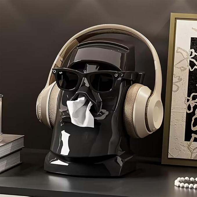 Creative Moai Tissue Box Holder with Headphone Holder, Suitable for Living Room, Bedroom and Other Desktop Storage Boxes, Green,Cream White, Black. (Black)