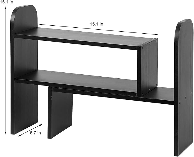 Desktop Adjustable Natural Wood Book Shelf Organizer Office Storage Rack Display Stand Caddy Set Expandable Desk Organizer (Black)