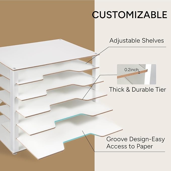 Yumkfoi Construction Paper Organizer 12" x 18", 6-Tiers Paper Organizer Storage, Wooden Desktop Organizer, Letter Tray for Office, Home, Classroom