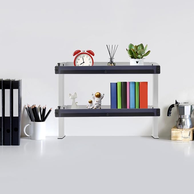Clamp On Desk Shelf 2 Tier, Under Desk Storage Organizer, Adjustable Hanging Desk Shelf for Office Bedside Table, Space Saving Desktop Shelf with Guardrail, 17.32 x 15.35 Inch (White)
