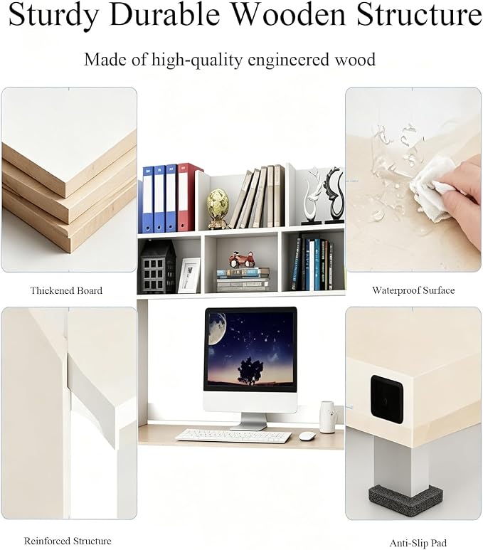 White Desk Hutch for Dorm Room, Over-Desk Organizer Shelf with 6 Cubbies, Desktop Bookshelf Storage Display Rack, Desk Topper Shelf for College Dorm, Home Office