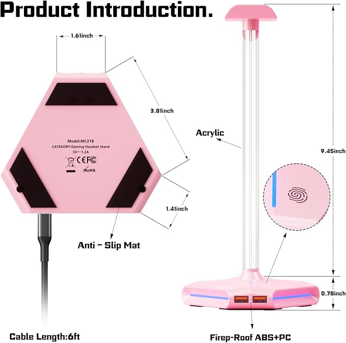 Pink RGB Headphone Stand with 2 USB Ports & Extension Cord, Gaming Headset Stand for Desktop Table, PC Gaming Accessories, Gifts for Girlfriend,Teen Boys Girls,Gaming Setup Organizer