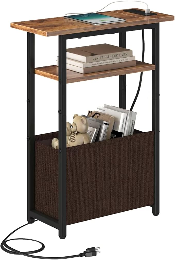 sthmec Narrow Side Table with Charging Station, Small End Table for Small Spaces, Skinny Nightstands with Storage Basket, 3 Tier Sofa Couch Bedside Tables for Living Room,Bedroom, Rustic Brown