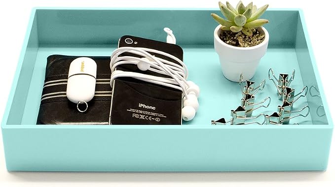 Poppin Stackable Medium Accessory Tray - Modular Lacquer Desk Trays for Office Organization, Color-Coordinated Office Supplies for Desk, Paper Trays (Aqua, Medium Accessory)