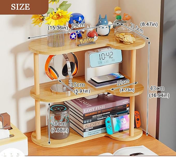 FOTN Vertical Wood Corner Shelf, Simple Desktop Small Bookshelf 3-Tier Clutter and Ornaments Storage Shelf File Organizer Rack Bookcase (Oak, 3-Tier)