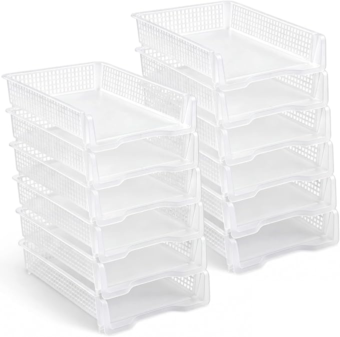 Geetery Set of 12 Plastic Trays for Teachers Turn in Trays Classroom Stackable Paper Tray Plastic Classroom Teachers Desk Letter Organizer Storage Baskets for Office, Desk, Home (Clear)