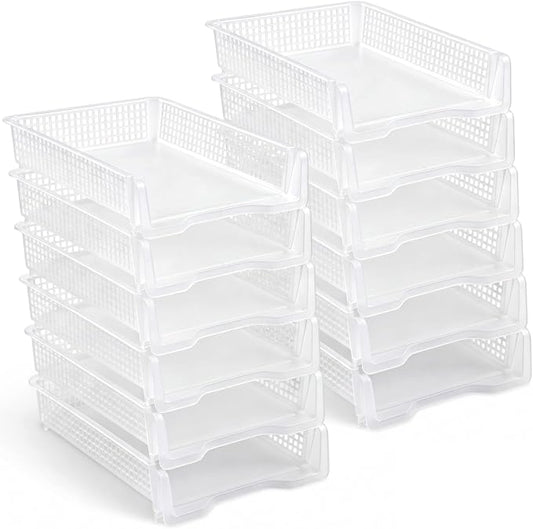 Geetery Set of 12 Plastic Trays for Teachers Turn in Trays Classroom Stackable Paper Tray Plastic Classroom Teachers Desk Letter Organizer Storage Baskets for Office, Desk, Home (Clear)