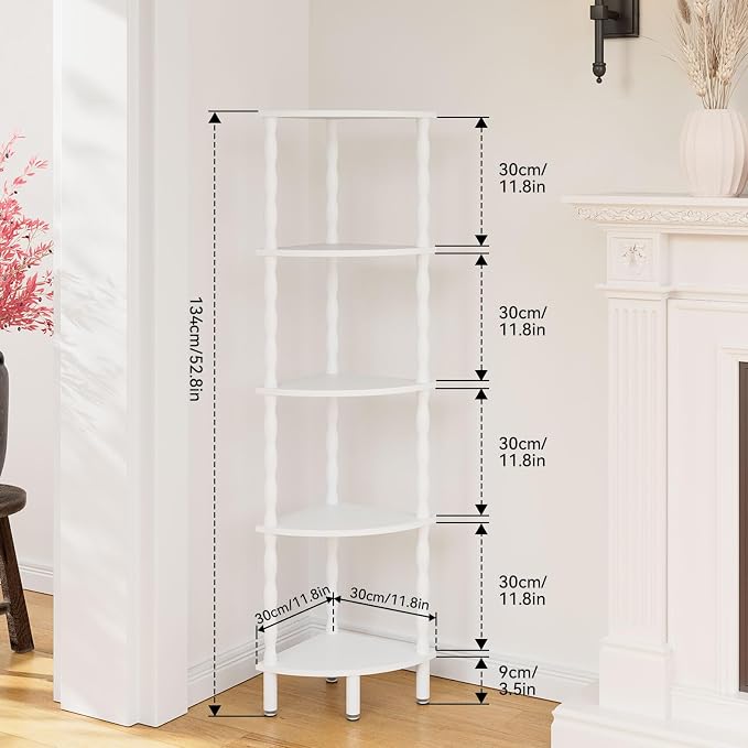 IBUYKE 5-Tier Corner Shelf,Stylish Corner Bookshelf for Small Spaces,Industrial Corner Storage Display Shelves,Small Corner Table for Bedroom,Bathroom,Kitchen, White WBC020W