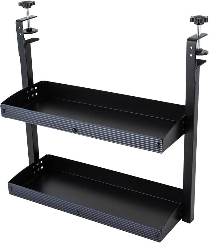 Clamp-on Desk Shelf, Desktop or Under-Desk 2-Tier Shelving Unit with Adjustable Metal Storage Tray, Clip-on Desk Shelf Office Organization (Black)