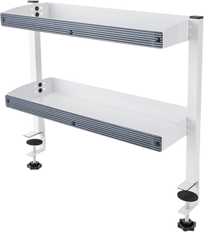CNCEST Clamp-on Desk Shelf, Clip-on Desk Shelf, 2-Tier Shelving with Adjustable Storage Tray (White-17.32x15.47x6.in)