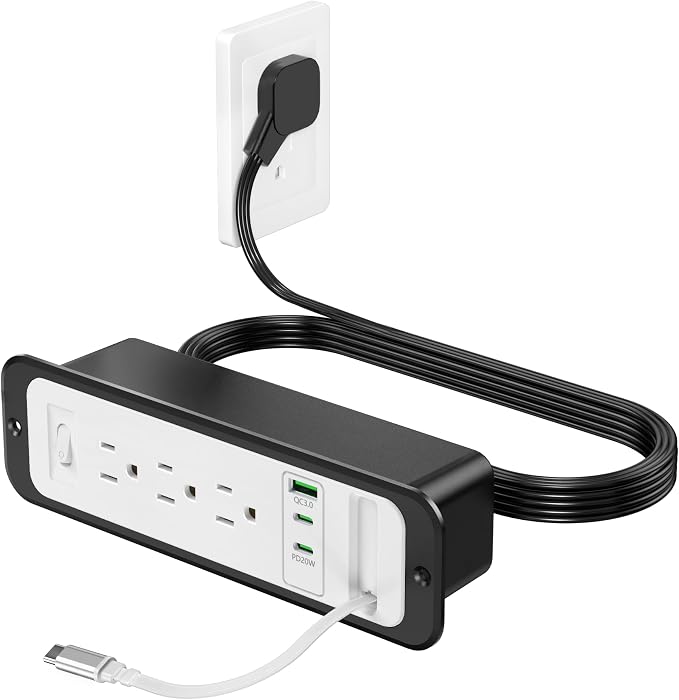 Recessed Power Strip with Retractable USB C Cable,2 PD 20W USB C,Flush Mount Countertop Drawer Outlet, Furniture Hidden Outlet for Side Table,End Table,3 Outlets (White and Black, 10FT-20W USB)