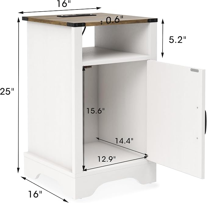 RoyalCraft 25" Tall Nightstand Set of 2, Farmhouse Nightstand with Charging Station, Large End Table with Storage, White Wood Bedside Table for Bedroom, White and Rustic Oak