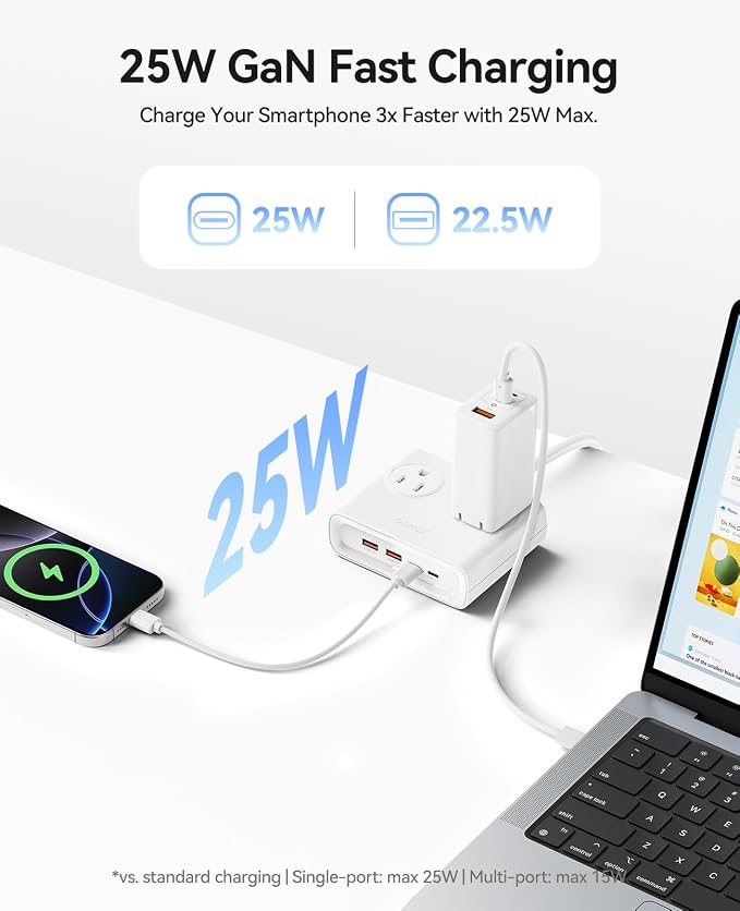 ORICO Power Brick, 25W GaN Power Strip, 8-in-1 Desktop Charging Station with 4 AC Outlets, 2 USB-C, 2 USB-A Ports, 5ft Extension Cord, Ultra Thin Flat Plug for Travel Office ETL Listed-PDC (1 PC)