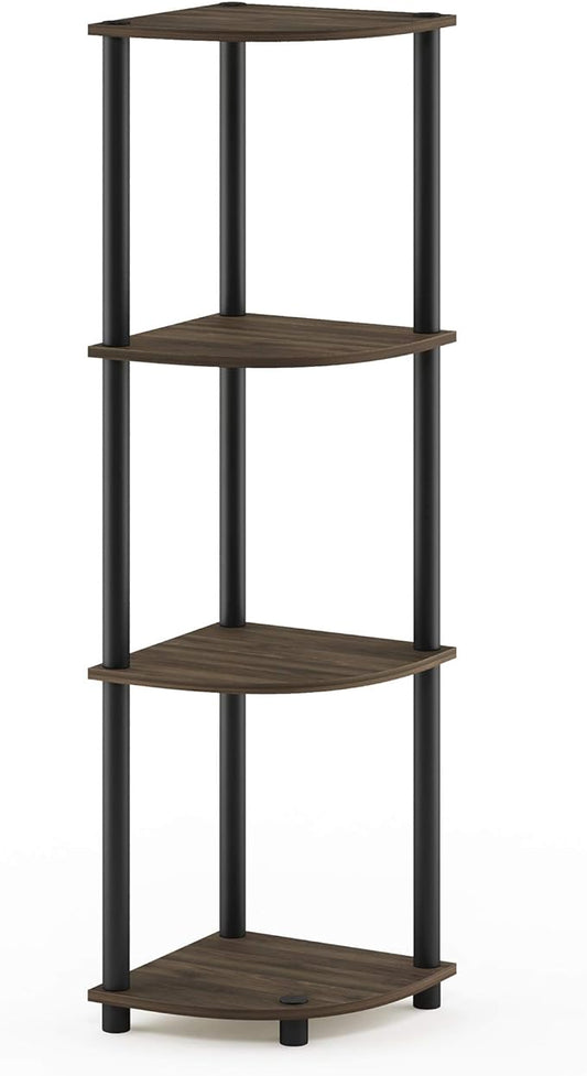 Furinno TURN-N-TUBE Corner Shelf, 4-Tier Corner Bookshelf, Display Storage Shelves with Open Shelves, for Organization and Storage, Living Room, Home Office, Garage, Columbia Walnut
