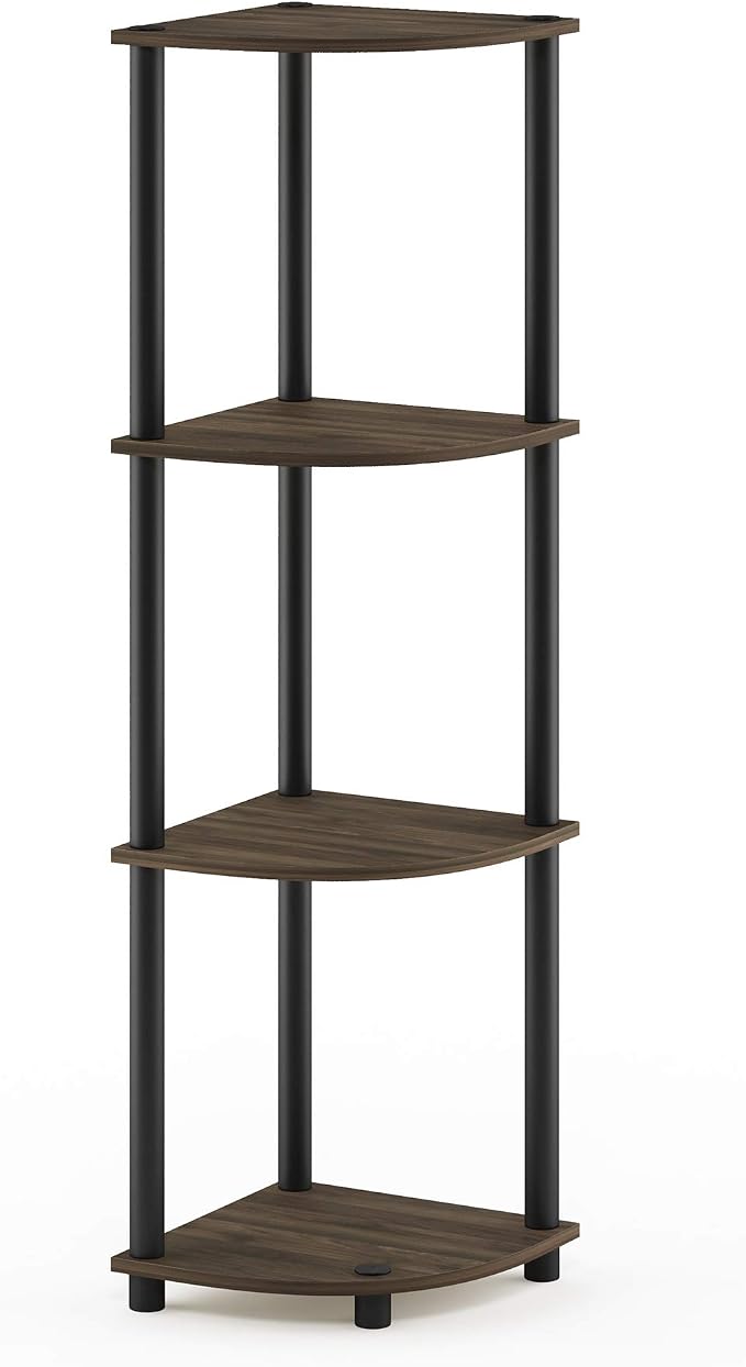Furinno Turn-N-Tube Toolless Assembly 4-Tier Corner Shelf, Rustic Brown Corner Book Shelf, Open Shelves Bookshelf, for Organization and Storage, Living Room, Home Office, Bedroom, Brown Walnut