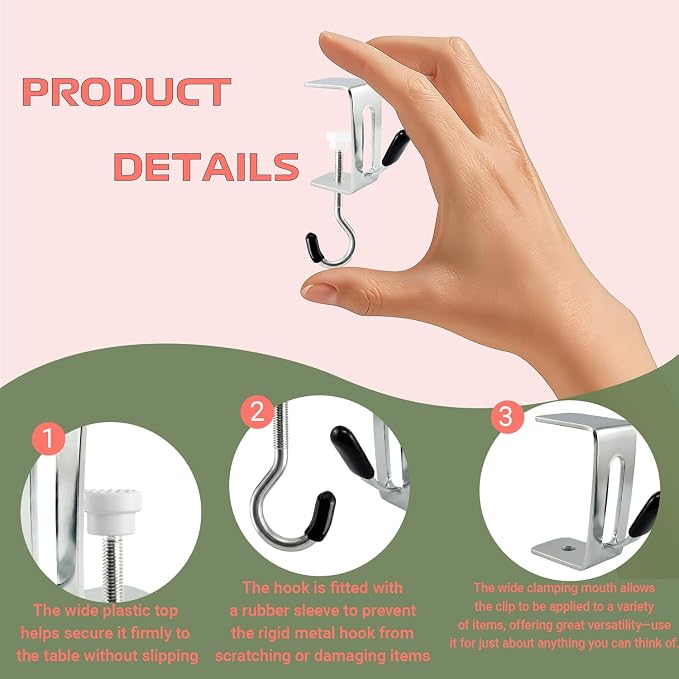 11 Pcs Desk Hook for Bag,Upgraded 2-Hook Metal Clamp Hooks,Purse Hook for Table,Adjustable Heavy Duty Clipa Bag Hanger Under Desk,Shelf Hooks for Hanging with Scratch-Proof Rubber Cover