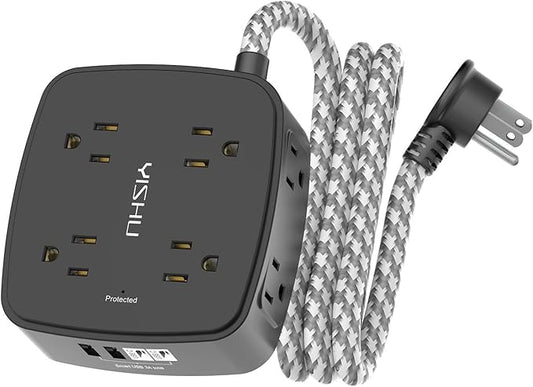 Surge Protector Power Strip - YISHU 8 Outlets with 4 USB (2 USB C) Charging Ports, 5Ft Braided Extension Cord, Flat Plug Multi Plug Outlet Extender Charging Station for Home Office, ETL, Black