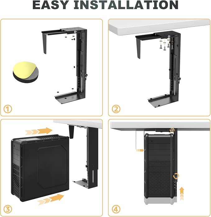 Heavy Duty Under Desk PC-Mount - Fits Most Middle & Full Tower, Height Adjustable Underdesk Computer Mount Holder with Protective Padding, Max Load 55lbs, Black
