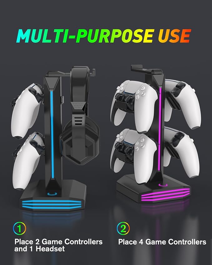 FINTIE RGB Headphone Stand, Gaming Controller Holder for Desk with 9 Lighting Modes, USB/Type-C Charging Ports, Headset Stand Earphone Hanger Accessories for Desktop