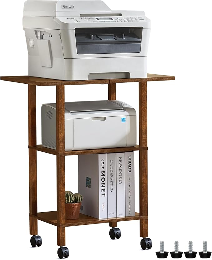 YUFAM 3 Tier Home Printer Stand with Storage, Wooden Mobile Printer Table Shelf, Rolling Printer Cart Shelf with Lockable Wheels fit Fax Machine, Scanner, Brown