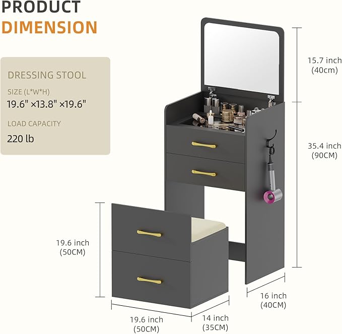 Gurexl 3 in 1 Vanity Desk with Flip Top Mirror,Small Compact Vanity with Visible Glass Desktop,Makeup Vanity Set with 3 Drawers,Cushioned Stool,Dressing Table for Bedroom,Black