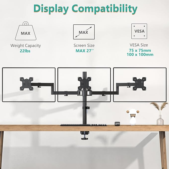 WALI Triple Monitor Mount, 3 Monitor Desk Mount for 13-27 inch Computer Screens, Holds up to 22 lbs, Triple Monitors Stand for Desk, with Tilt, Swivel, Rotation, VESA 75/100mm (M003S), Black