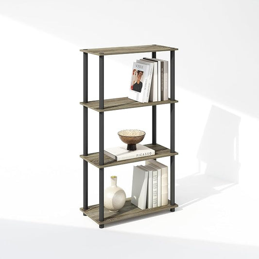 Furinno Turn-N-Tube Book Shelf, 4-Tier Bookshelf, Bookcase with Multipurpose Compact Display Rack, 11.6 x 23.6 x 43.2, for Living Room, Bedroom, Home Office, French Oak/Black