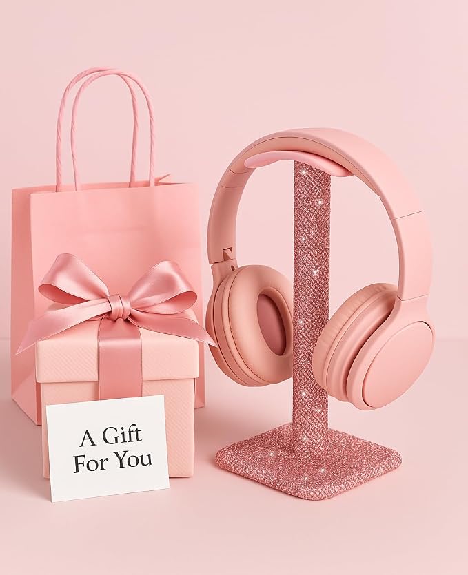Cute Pink Headphone Stand for Desk - Rhinestone Bling Headset Holder with Soft Headrest, Sparkle Kawaii Desk Accessories for Gamer Girls & Women, Aesthetic Gift for Teen Girl Birthday (Crystal)