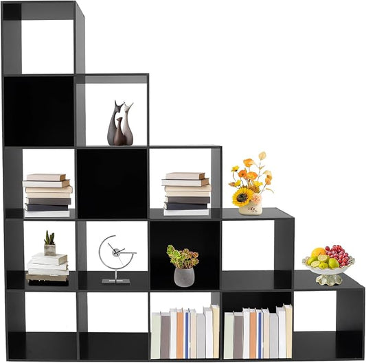 Ladder Cube Storage Bookcase, Desktop Drawers Cabinet, 15-Compartment L-Shaped Organizer, Corner Shelf, Free Standing, for Bedroom Living Room Study Office, Books Toys Decor