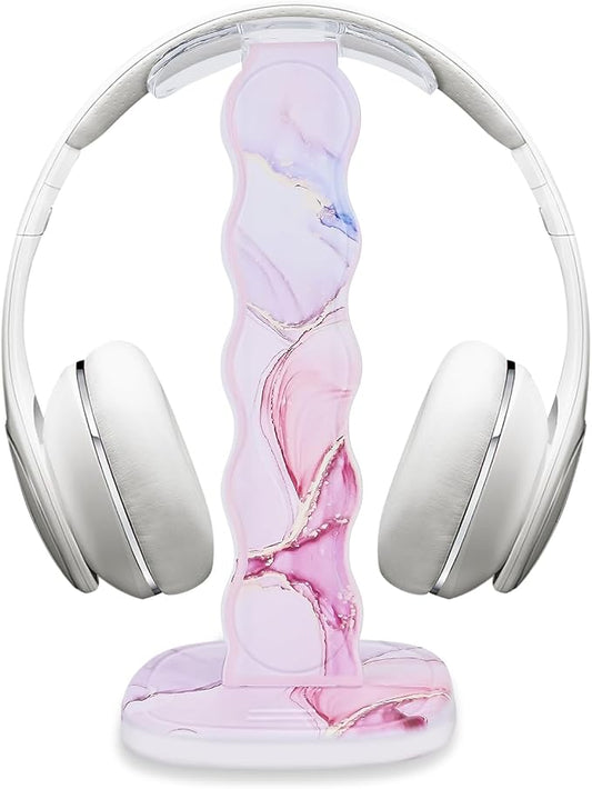 CamyCosy Headphone Stand Gaming Headset Holder for Desk,Luxury Pink Marble Pattern Earphone & Cellphone Stand Desk Accessories for All Headphones Size