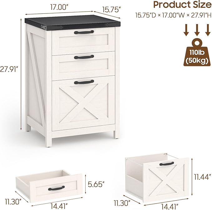 Halitaa 3 Drawer Small File Cabinet, Farmhouse Vertical Filing Cabinet Fits Letter and A4 Size, Under Desk Wooden File Cabinets for Home Office, Printer Stand, White and Black