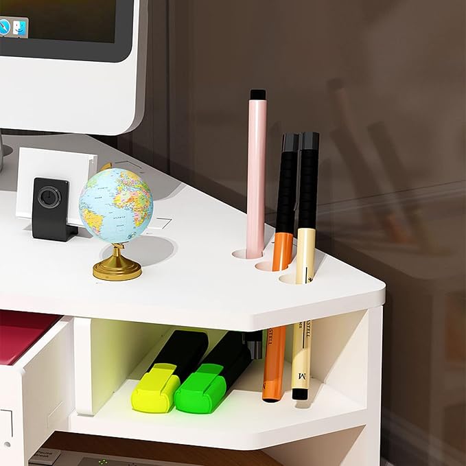 White Corner Monitor Riser with Drawer - Ergonomic Triangle Screen Stand with Lock, Space-Saving Desk nizer for Improved Comfort and Productivity