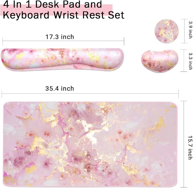Keyboard Mouse Pad Set, Extended Mouse Pad+Keyboard Wrist Rest Support, Memory Foam Ergonomic Easy Typing, 3Pcs (35.4×15.7 in) Desk Pad Set for Home Office Study Game- Pink Gold Marble