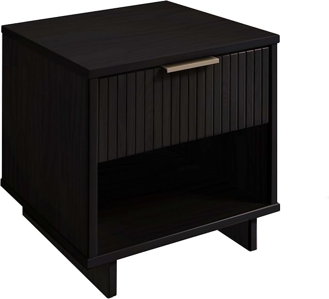 Manhattan Comfort Granville 1-Drawer Nightstand Set of 2, Modern Glam Bedside Table with Ribbed Design and Gold Handles, Ideal for Living Room and Bedroom Use, Black