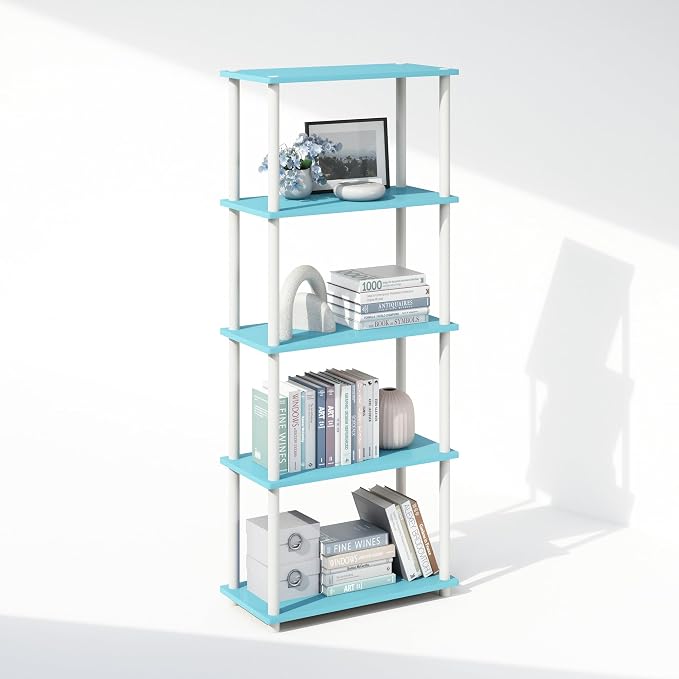 Furinno Turn-N-Tube Book Shelf, 5-Tier Bookshelf, Bookcase with Multipurpose Compact Display Rack, 11.6 x 23.6 x 57.4, for Living Room, Bedroom, Home Office, Light Blue/White