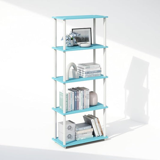 Furinno Turn-N-Tube Book Shelf, 5-Tier Bookshelf, Bookcase with Multipurpose Compact Display Rack, 11.6 x 23.6 x 57.4, for Living Room, Bedroom, Home Office, Light Blue/White