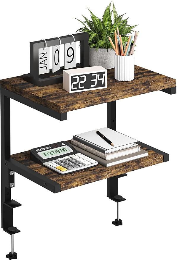 Mondazie Clamp on Desk Organizer Shelf, Heavy-Duty Desk Extender Side Table with 2-Tier Adjustable Storage Shelves for Desktop Accessories, Gaming Devices, Black