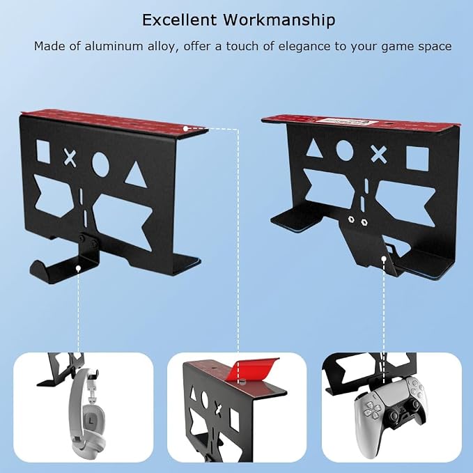 Aluminum Under Desk Mount for PS5/PS5 Slim/ PS5 Pro Digital & Disc, Securing Under Desk Bracket with Detachable Controller & Headphone Holder Kit No Drill (Black)