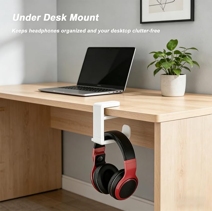 Universal Headphone Stand & Headset Holder - 360° Swivel Under Desk Headphone Hook with Cable Management Clip (White)